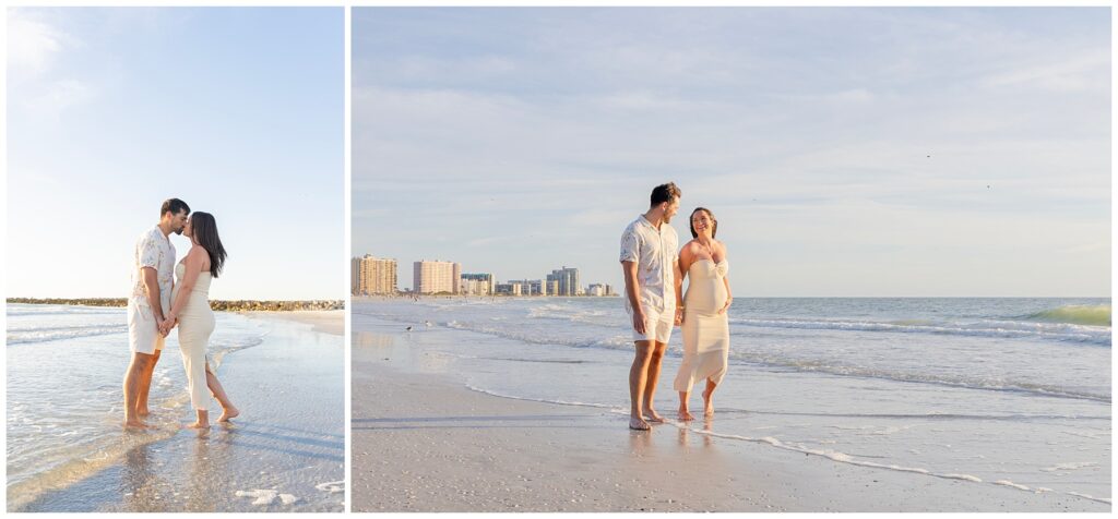 pregnant couple walking down clearwater beach