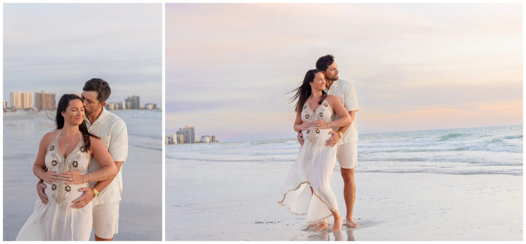 pregnant couple embrace at sunset on beach for tampa maternity photographer