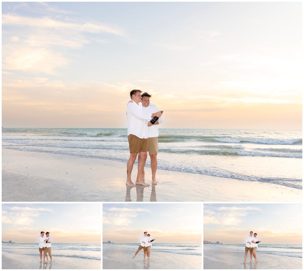 popping champagne on beach