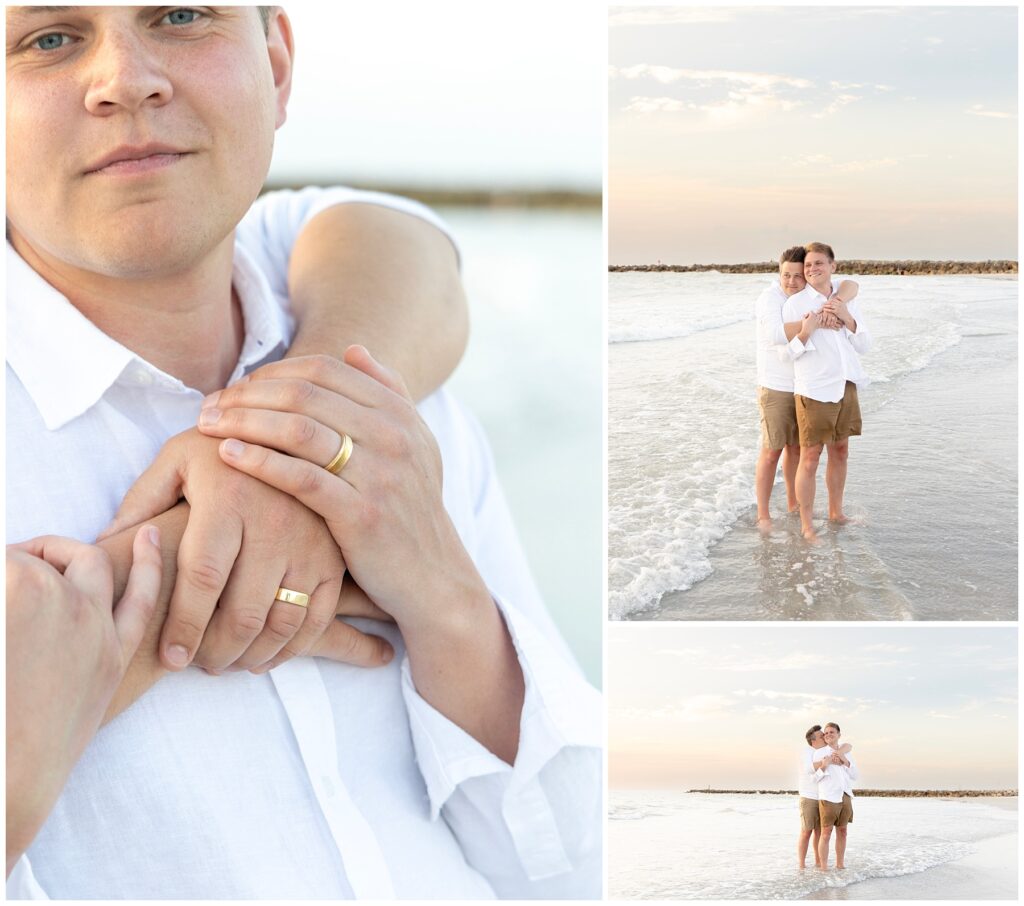 couple hugging with wedding rings close up